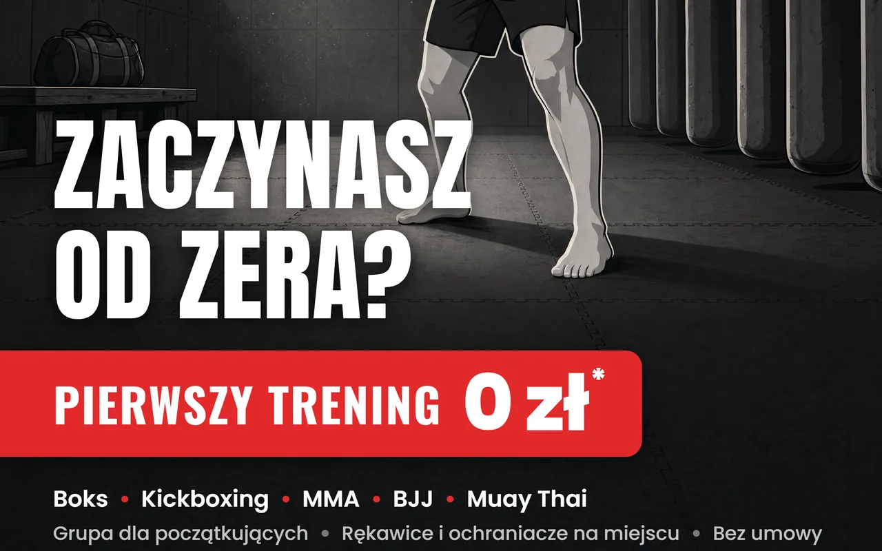 Plakat Berserkers Team Rzeszów z pytaniem „Zaczynasz od zera?” i czerwonym paskiem „Pierwszy trening 0 zł”.