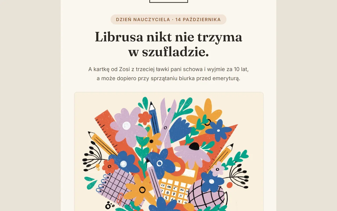 Newsletter PIESKOT na Dzień Nauczyciela z kartką „Bukiet Wiedzy” i hasłem „Librusa nikt nie trzyma w szufladzie.”