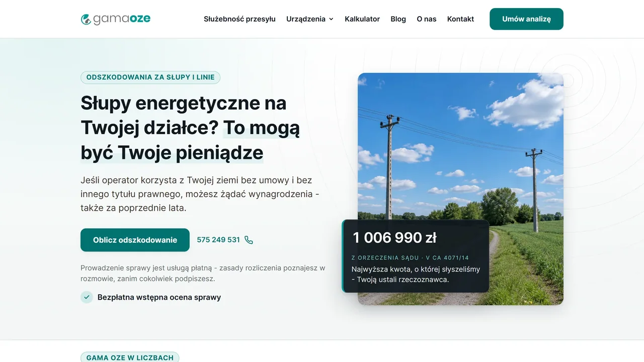 Strona wynagrodzeniezaslupy.pl z kalkulatorem odszkodowań za słupy energetyczne.
