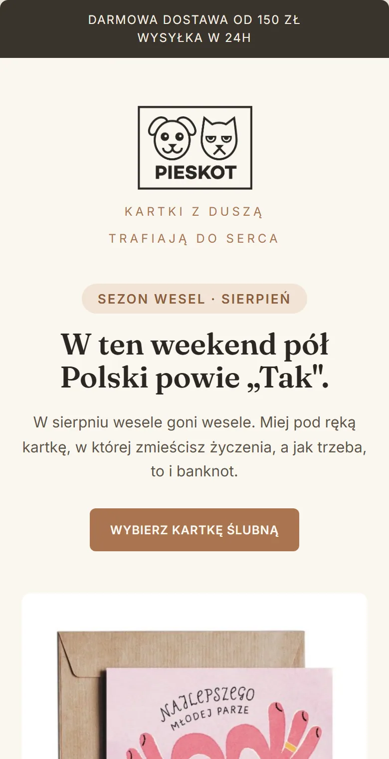 Newsletter PIESKOT z sezonową ofertą kartek ślubnych w widoku na telefon